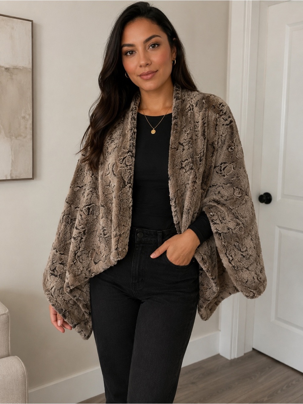 The Limited Gray Taupe Faux Fur Capelet Poncho Open Front Cozy Wrap
